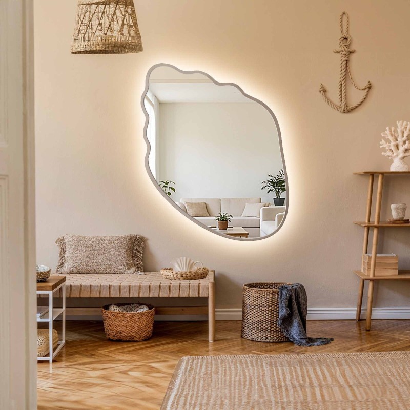 Miroir aux formes organiques, avec cadre en MDF couleur cachemire et éclairage intégré - MARIS SHELL LED DANS SON CADRE