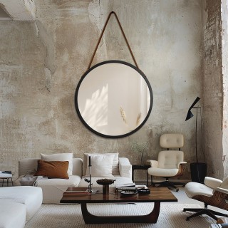 Miroir rond dans un cadre noir mat sur un bracelet en cuir marron - OTTO SANGLE BRONZE - couleur du cadre au choix