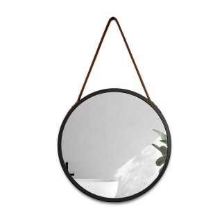 Miroir rond dans un cadre noir mat sur un bracelet en cuir marron - OTTO SANGLE BRONZE - couleur du cadre au choix