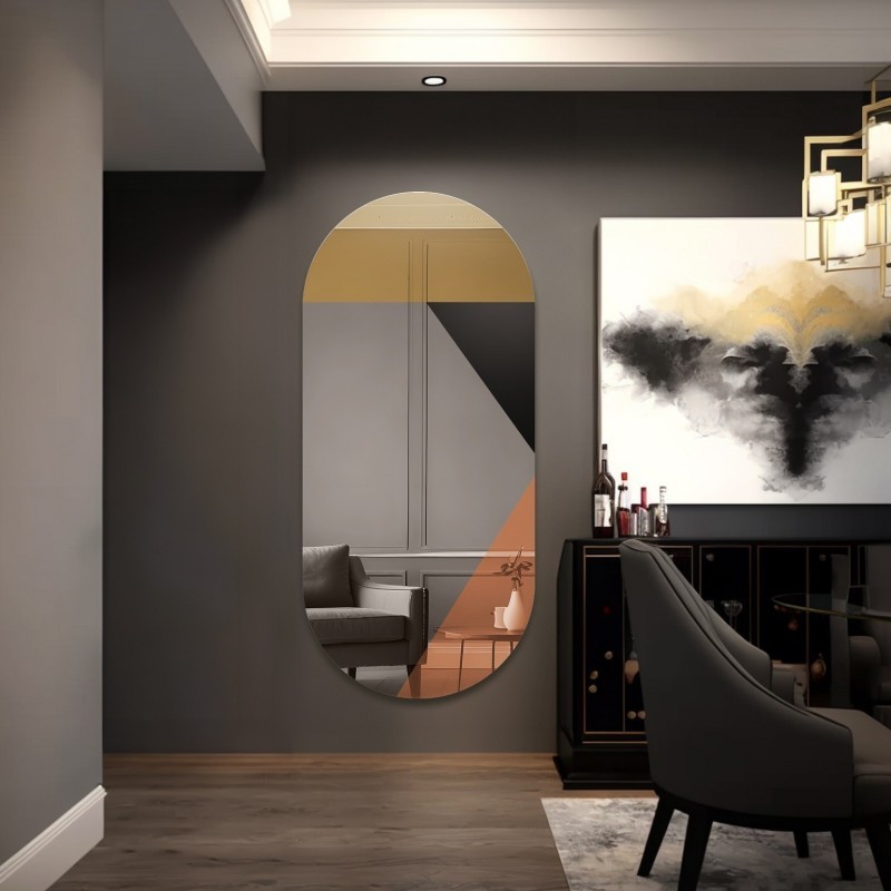 Miroir ovale avec panneau décoratif or-cuivre et laque noire - RIO