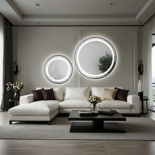 Jeu de miroirs ronds sablés en MDF noir cadre SLIM avec éclairage STELLA LED II - choix de la couleur du cadre