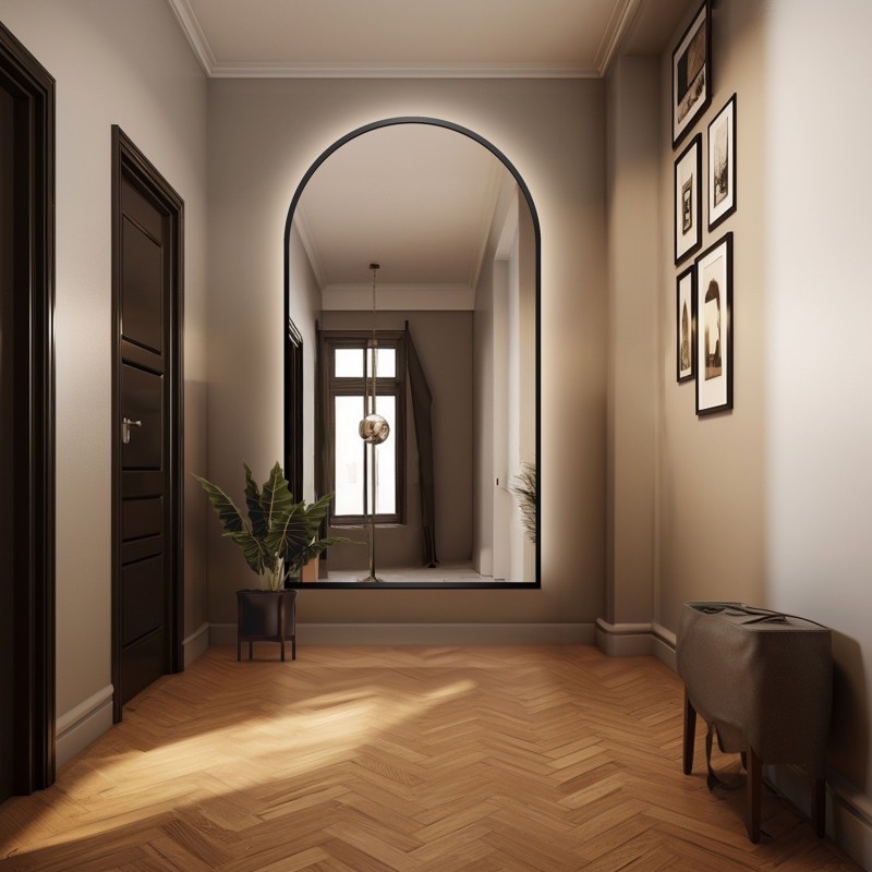 Miroir semi-ovale dans un cadre MDF noir avec éclairage - BERDO LED