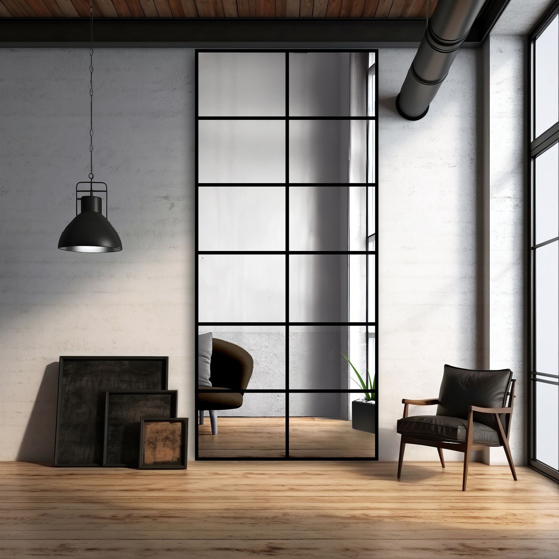 Miroir industriel avec cadre en acier noir et barreaux métalliques – modèle Achilles Intérieur de style loft avec un grand miroir industriel à cadre en acier noir et barreaux métalliques, un sol en bois et un mobilier minimaliste au design élégant.