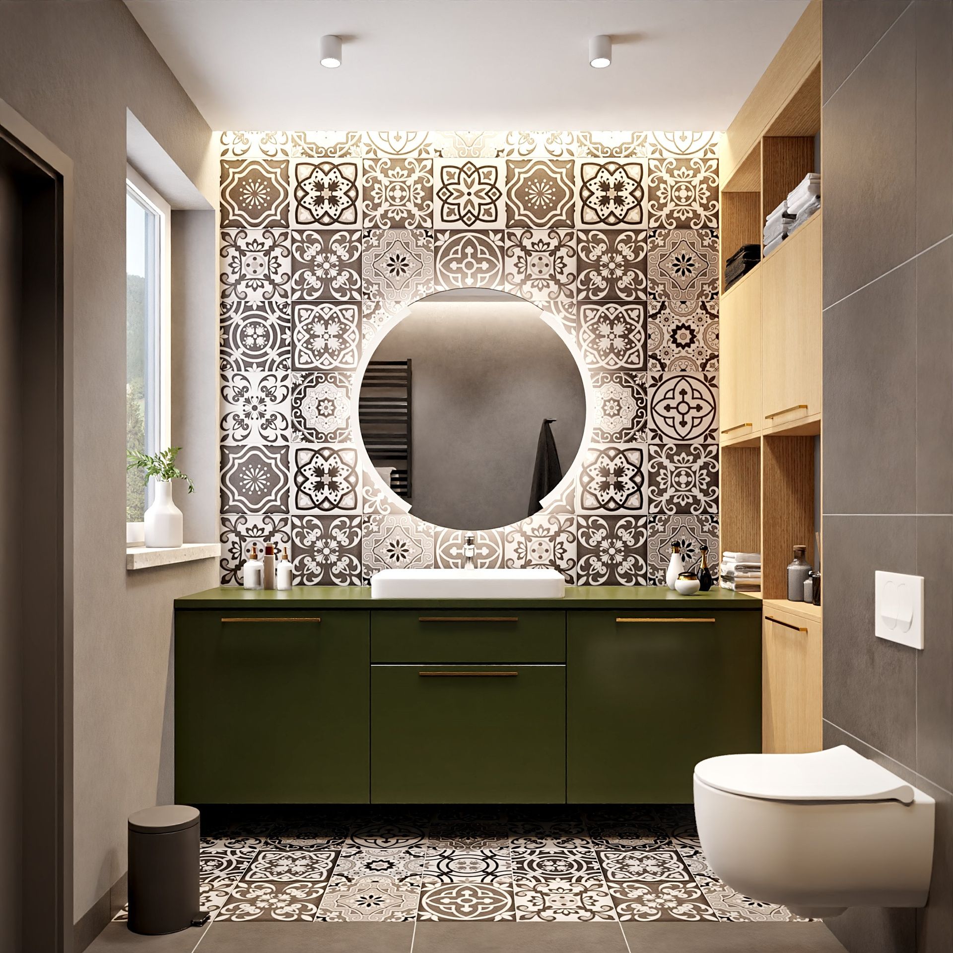 Miroir lumineux demi-cercle pour salle de bain – Design moderne et élégant Salle de bain moderne avec un miroir rond rétroéclairé par LED, un meuble vert avec poignées dorées et un mur décoré de carreaux en motifs géométriques.
