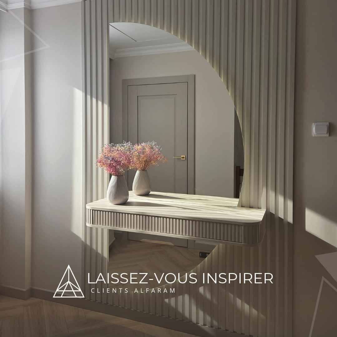 Miroir DOPPIO LED en deux parties intégré autour d'une console suspendue dans une entrée