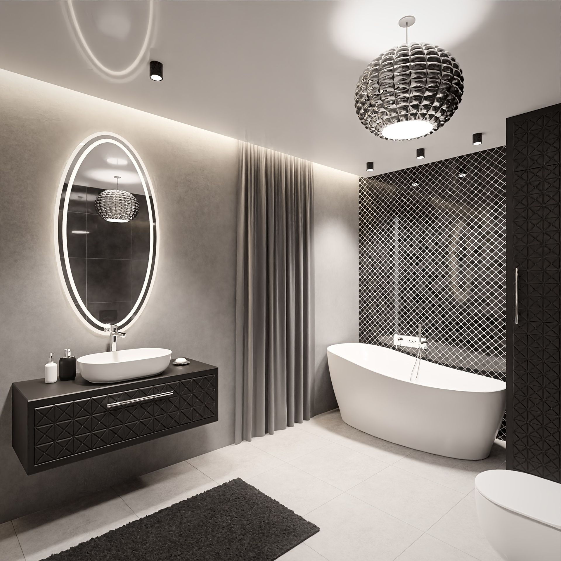 Miroir ovale de salle de bain avec éclairage LED – design moderne et élégant Salle de bain luxueuse avec un miroir ovale rétroéclairé par LED, une baignoire îlot blanche et un meuble vasque noir au design géométrique, créant une ambiance moderne et sophistiquée.