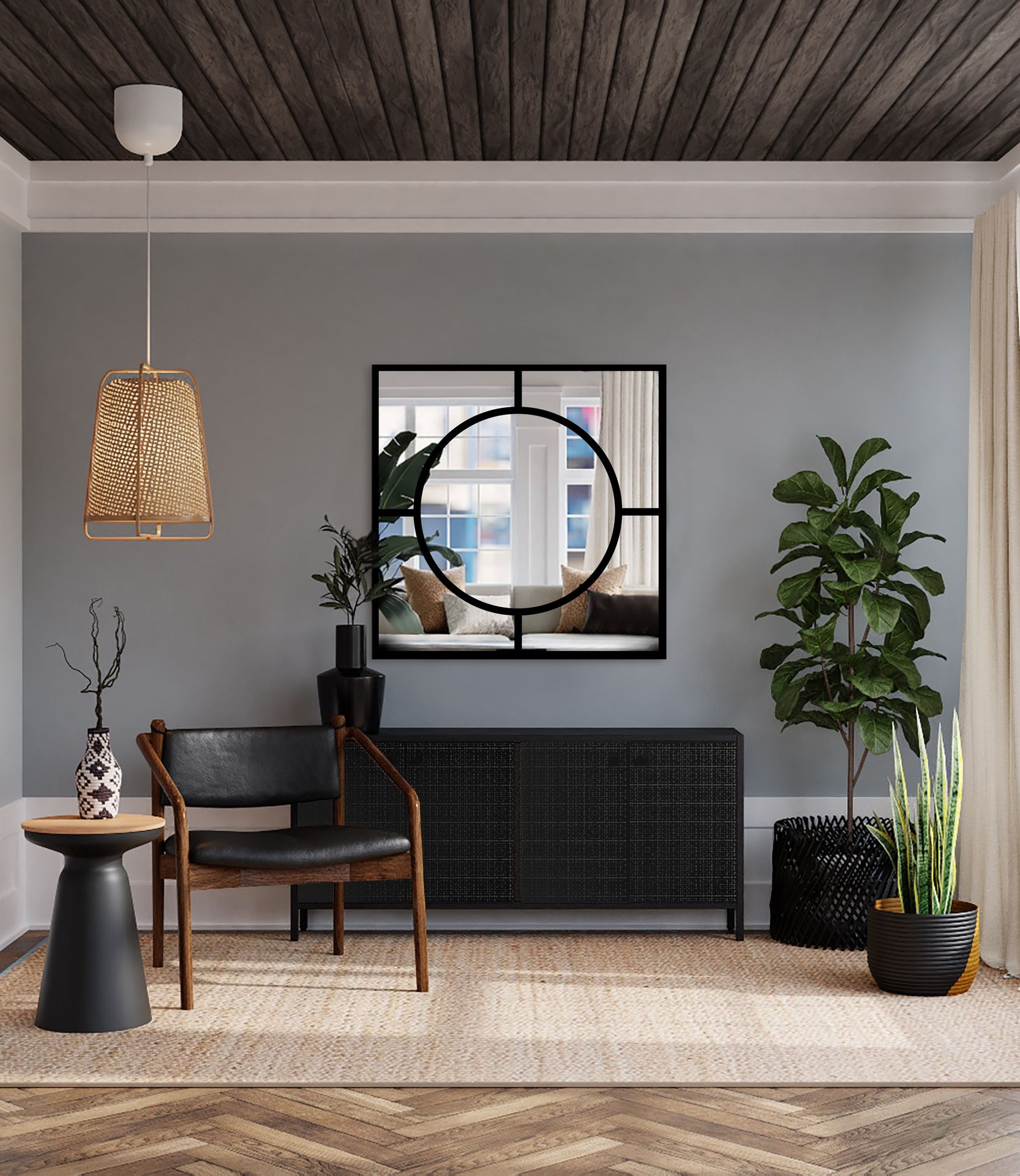 Intérieur moderne avec un miroir carré orné de détails ronds en cadre métallique noir, un plafond en bois, un fauteuil en cuir et des plantes vertes, dans un design loft contemporain.